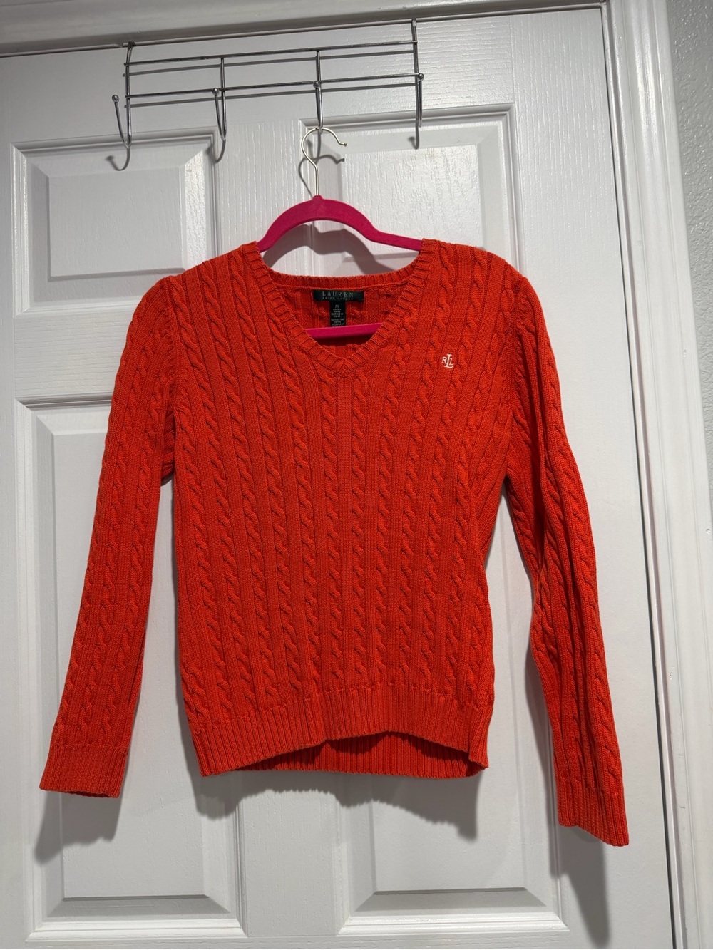 Ralph Lauren Cable-Knit V-Neck Sweater in Bright Orange